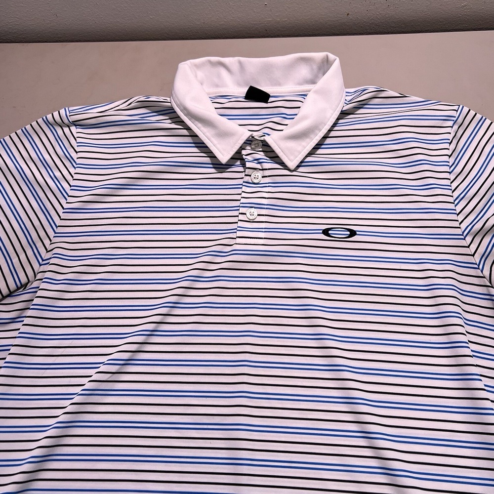 Oakley Mens XL Golf Polo Shirt Striped Blue White Black Short Sleeve 29185